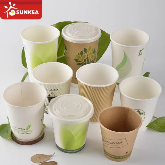 Tasse de papier de café de tasse à boire imprimée par coutume biodégradable jetable à emporter de Sunkea